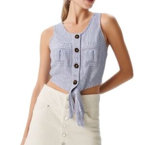 NWT Dex Striped Blue Sleeveless Tie-Front Top Small